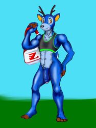 1boy 3:4 animal_crossing anthro bam_(animal_crossing) blue_body bottomless bovid caprine cervid clothed clothing genitals goat hi_res male male_only mammal muscular muscular_anthro muscular_male nintendo partially_retracted_foreskin penis solo sportswear thegrave999 topwear uncut video_games