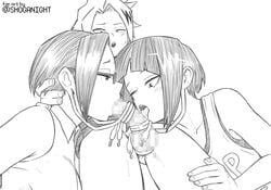 1boy 2girls blush censored censored_penis clothed_sex collaborative_fellatio denki_kaminari double_fellatio earjob earlobe_jacks earlobes fellatio glasses hand_on_neck kyoka_jiro licking_penis male mature_female mika_jiro milf monochrome mother_and_daughter multiple_girls my_hero_academia older_woman_and_younger_boy oyakodon shoganight short_hair teamwork threesome