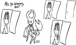 are_ya_winning_son artist_request breasts caught caught_in_the_act door female hollow_knight hornet_(hollow_knight) incest male meme monochrome pale_king_(hollow_knight) penis protagonist_(hollow_knight) sex siblings