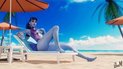 1girls 3d beach big_breasts denisem female female_only legs looking_at_viewer lying overwatch solo swimsuit widowmaker