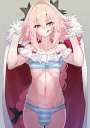 1boy astolfo_(fate) belly braid bulge cape fate/apocrypha fate_(series) femboy haoro long_hair panties pink_hair solo solo_male stomach trap underwear