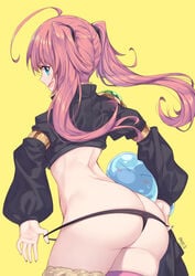 1girls 1other ass blue_eyes dat_ass female from_behind long_hair looking_back milim_nava neps-l pink_hair rimuru_tempest slime tensei_shitara_slime_datta_ken thong twintails