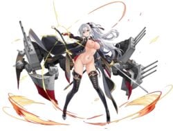 4:3_aspect_ratio areolae asymmetrical_hair azur_lane bare_shoulders black_cape black_footwear black_gloves breasts cape cleavage drake_(azur_lane) elbow_gloves female gloves gun hair_ornament handgun high_resolution large_breasts long_hair looking_at_viewer nipples nude nude_filter orange_eyes pistol ponytail rigging side_ponytail silver_hair solo strapless sword thighhighs third-party_edit tied_hair transparent_background turret uta_(pixiv) weapon world_of_warships