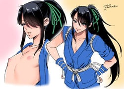 1boy black_hair blue_eyes drifters femboy long_hair male_focus male_only nasu_no_yoichi nipples ponytail ribbon smile solo solo_male tied_hair trap usagi_nagomu