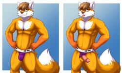 5:3 anthro balls barazoku bodily_fluids bulge canid canine clothing coffeecat fluffy fox genital_fluids genitals humanoid_genitalia humanoid_penis jockstrap kemono male male/male mammal nude penis precum sex solo underwear