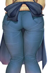 1girls apron ass ass_focus close-up denim female female_only from_behind gundam gundam_build_fighters harihisa hip_focus iori_rinko jeans mature milf mother panties pants pantylines ribbed_sweater simple_background skin_tight solo sweater thigh_gap tight_jeans tight_pants white_background wide_hips