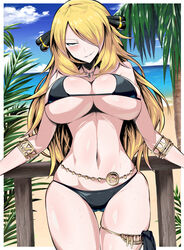 1girls alternate_version_available big_breasts bikini blonde_hair blush champion cleavage cynthia_(pokemon) eye_contact female female_only grin hair_ornament hair_over_one_eye half-closed_eyes horny huge_breasts long_blonde_hair long_hair looking_at_viewer necklace nintendo only_female pale-skinned_female pale_skin pokemon pokemon_dppt skindentation smirk smug suzusiigasuki thighs