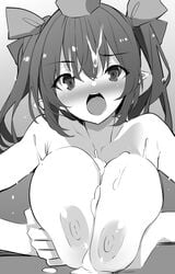 blush bow breast_squeeze breasts cleavage collarbone commentary cum cum_on_body cum_on_breasts cum_on_hair cum_on_upper_body english_commentary eyebrows_visible_through_hair eyes_visible_through_hair facial female grey_background greyscale hairbow hatate_himekaidou highres kamukamu_(ars) large_breasts long_hair looking_at_viewer monochrome nipples open_mouth paizuri pointy_ears pov projectile_cum raised_eyebrow ringed_eyes sidelocks simple_background touhou twintails upper_body upper_teeth