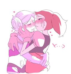 ... arms_around_neck arms_around_waist blush clothing female female_only flexible gloves gyger_been heart looking_at_another pink_pearl_(steven_universe) saliva spinel_(steven_universe) steven_universe sweat tagme yuri