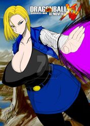 1girls alternate_version_available android_18 blonde_hair blue_eyes cameltoe cleavage curvy darkness-man dragon_ball female huge_breasts otogi_tetsurou puffy_nipples short_hair voluptuous wide_hips