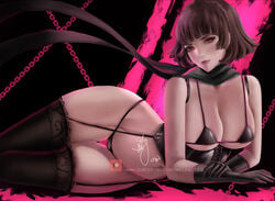 1girls big_breasts braid breasts brown_hair corset female female_only garter_belt garter_straps gloves hourglass_figure lingerie looking_at_viewer lying makoto_niijima panties persona persona_5 presenting red_eyes scarf short_hair solo solo_female solo_focus stockings thick_thighs thighhighs wei_(promise_0820) weisart