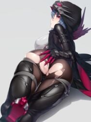 arm_belt ass black_cloak black_hoodie blue_hair blurry bodysuit breasts buttons clawed_gauntlets cloak depth_of_field feathers female hand_on_own_ass honkai_(series) honkai_impact honkai_impact_3rd large_breasts looking_at_viewer looking_back lying on_stomach partial_bodysuit raven_(honkai_impact) red_eyes short_hair simple_background skin_tight skindentation solo torn_bodysuit torn_clothes