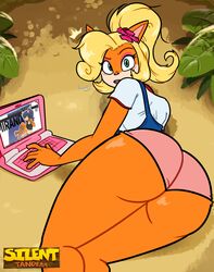 1girls activision anthro ass bandicoot big_ass blonde_hair coco_bandicoot computer crash_(series) electronics female flower flower_in_hair laptop long_hair orange_fur panties silenttandem speech_bubble surprised text