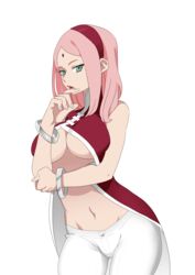 1girls big_breasts boruto:_naruto_next_generations bracelet breasts clothing dress facial_mark female female_only forehead_mark goldstar-chan green_eyes hairband lipstick looking_at_viewer makeup milf mother naruto naruto_(series) navel no_bra pants pink_hair red_lips sakura_haruno solo underboob