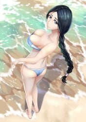 1girls ass bare_shoulders barefoot beach big_breasts bikini black_hair bleach blue_eyes braided_ponytail breasts busty feet female female_only from_above long_hair looking_at_viewer sakuya_(liao_kj) sand smile swimsuit tied_hair toes unohana_retsu water