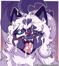 2020 absol anthro blue_eyes bodily_fluids cum cum_on_ear cum_on_face cum_on_tongue eyelashes fangs female fuf fur genital_fluids hi_res nintendo one_eye_closed open_mouth pink_tongue pokémon_(species) pokemon pokemon_(species) teeth text tongue url uvula video_games