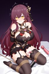 ai_generated bed bondage brown_hair eden_(honkai_impact) embarassed golden_eyes honkai_(series) honkai_impact_3rd large_breasts smile tied_up tiques vibrator