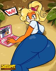 1girls activision anthro ass bandicoot big_ass blonde_hair clothing coco_bandicoot computer crash_(series) electronics female flower flower_in_hair fully_clothed laptop long_hair orange_fur silenttandem speech_bubble surprised text