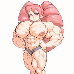 abs animated big_pecs devmgf extreme_muscles flexing hyper_muscles looking_at_viewer muscle muscles muscular_female pecs pink_hair ripped_pants smiling smug_face so solo_female