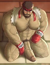 arm_hair bara beard big_penis boner chest_hair erection facial_hair gay hands_on_thighs headband leg_hair looking_to_the_side male male_only on_knees penis precum precum_pool pubic_hair ryu_(street_fighter) shirt_pulled_behind_neck solo spread_legs street_fighter sweating veins veiny_penis wolf_con_f