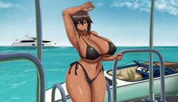 1girls armpits blue_eyes boat breasts brown_hair dark-skinned_female dark_skin huge_breasts mk001black ocean original original_character reese_(mk001black) sea seaside ship solo swimsuit swimwear vacation wet yacht