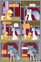 absurd_res alicorn applejack_(mlp) ass blush bridle comic dialogue duo english_text equid female feral friendship_is_magic genitals gutovi-kun hasbro hi_res horn inside larger_female letterbox mammal my_little_pony page_2 page_number princess_celestia_(mlp) pussy riding_crop size_difference smaller_female tongue tongue_out twintails whip wings