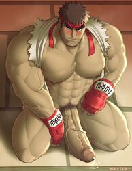 bara big_penis boner erection facial_hair gay hands_on_thighs headband looking_to_the_side male male_only on_knees precum precum_pool pubic_hair ryu_(street_fighter) shirt_pulled_behind_neck solo spread_legs street_fighter sweating veins veiny_penis wolf_con_f