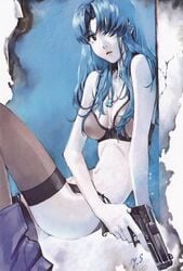 blue_hair bra cleavage gun hair_over_one_eye lingerie looking_at_viewer misato_katsuragi necklace neon_genesis_evangelion panties pinup pistol stockings thighhighs thin white_skin yoshiyuki_sadamoto