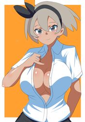 bea_(pokemon) big_breasts chelsea_cola clothed_female dark-skinned_female female female_focus female_only grey_hair nintendo pokemon pokemon_ss short_hair solo solo_female solo_focus