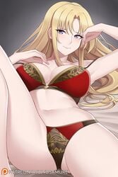 1girls aslindsamure bare_legs big_breasts blonde_hair blue_eyes bra clarisse_(fire_emblem) female fire_emblem fire_emblem:_new_mystery_of_the_emblem large_breasts light_blue_eyes lingerie long_hair midriff multicolored_bra multicolored_panties on_back panties red_lingerie solo solo_female