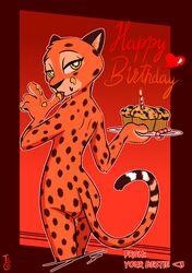 2020 anthro bodily_fluids brown_spots candle cheetah english_text felid feline female finger_fetish finger_lick finger_play fingers fire food fur genital_fluids hi_res holding_plate licking looking_at_viewer looking_back looking_back_at_viewer mammal muffin nude orange_body orange_fur pussy_juice red_background simple_background solo spots spotted_body spotted_fur stephie_(fraydia1) text theblueberrycarrots tongue tongue_out yellow_eyes