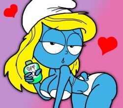 1girls bikini blonde_hair blue_skin butt female female_only looking_at_viewer montatora-501 omegusmaximus smurfette the_smurfs