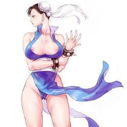 archway_of_venus areola_slip breasts brown_eyes brown_hair capcom chun-li dress earrings female female_only hair_bun looking_to_the_side mikanman nipples_visible_through_clothing pussy_floss solo solo_female spiked_bracelet street_fighter thick_thighs toned_female white_background wind_lift wrist_cuffs