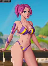 big_breasts bikini blue_eyes female female_only fortnite journey_(fortnite) looking_at_viewer pink_hair pink_lipstick tagme tyrana