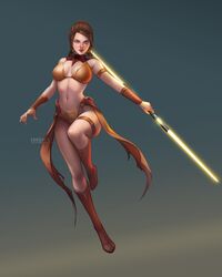 1girls armband bastila_shan belly bikini blue_eyes boots brown_hair double_bladed_lightsaber female jedi_master knights_of_the_old_republic large_breasts leejun35 lightsaber navel star_wars warrior