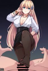 1boy 1boy1girl 1girls aqua_eyes bar_censor blonde_hair bracelet breasts censored cleavage ddangbi female hair_ornament jewelry large_breasts long_hair long_sleeves maplestory mercedes_(maplestory) panties pantyhose penis pointy_ears skirt stepped_on thighband_pantyhose underwear very_long_hair