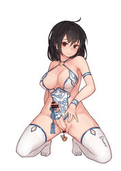 1futa anal_attached_clothing anal_ball_wear anally_anchored_clothing armlet bar_censor bare_shoulders black_hair bracelet breasts brown_eyes censored center_opening chinese_clothes covered_navel erection full_body futa_sans_balls futa_urethral_insertion futanari highres jewelry kneeling large_breasts long_hair nib_pen_(medium) o-ring original penis sex_toy signature simple_background solo sounding stmaster tassel thighhighs traditional_media urethral_beads urethral_insertion white_background