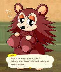 2020 absurd_res alternate_breast_size animal_crossing anthro big_breasts bodily_fluids breasts brown_body brown_fur english_text eulipotyphlan female flying_sweatdrops fur genitals half-closed_eyes hedgehog hi_res mammal narrowed_eyes nintendo nipples nude pussy sable_able solo sweat sweatdrop team_pervy text video_games