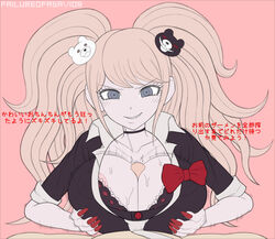 1girls alternate_breast_size areola_slip big_breasts blonde_hair bra breasts busty clothed_paizuri danganronpa dialogue failureofasavior female female_focus gyaru hairpin huge_breasts japanese_text junko_enoshima kelley large_breasts long_twintails looking_at_viewer male nail_polish nipples nipples_visible_through_clothing outercourse paizuri paizuri_lead_by_female paizuri_on_lap paizuri_under_clothes penis picot_trim picot_trim_bra pov red_nails see-through see-through_bra smile smirk smooth_skin straight text tip_peeking tiptoes translation_request