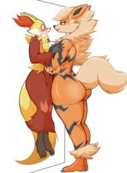 2girls anthro anthrofied arcanine ass big_ass black_fur blush breast_squish canine carrying danonymous delphox fox furry how_to_talk_to_short_girls larger_female lifted_by_another meme multicolored_fur multiple_girls nintendo orange_body orange_fur pokemon pokemon_(species) pokemon_rgby pokemon_xy red_fur sideboob tall_woman_meme thick_thighs yellow_fur