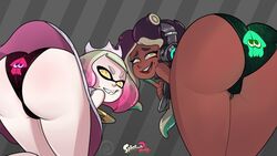 2girls ass blushmallet chocolate_and_vanilla dark-skinned_female dark_skin female female_only green_eyes humanoid inkling light-skinned_female light_skin looking_at_viewer marina_(splatoon) nintendo octoling pale_skin panties pearl_(splatoon) splatoon splatoon_2 tentacle tentacle_hair yellow_eyes