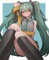 blue_eyes blue_hair hatsune_miku long_hair panties rabbit_(wlsdnjs950) short_skirt tie tied_up twintails vocaloid