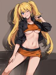 1girls ai_generated bare_legs bare_thighs blonde_hair blue_eyes breasts crop_top cropped_legs facial_markings female female_focus female_only gender_transformation genderswap_(mtf) leather_jacket light-skinned_female light_skin lips lipstick makeup medium_breasts miniskirt nai_diffusion naruko naruto naruto:_the_last naruto_(series) naruto_shippuden one_eye_closed pale-skinned_female pale_skin perky_breasts petite pink_lips pink_lipstick pinup pose posing rule_63 sexy_no_jutsu short_skirt shounen_jump skimpy skimpy_clothes skirt solo solo_female solo_focus stable_diffusion tied_hair twintails underboob uzumaki_naruto very_long_hair whisker_markings whiskers wink yellow_hair yonnjuu