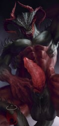 abs abstract_background altagrin animal_genitalia balls big_penis black_body black_skin bodily_fluids demon dripping erection eyeless fangs genital_fluids genitals giant_penis hi_res horn humanoid male male_focus male_only male_solo monster muscular muscular_male nude pecs penis precum precum_drip precum_on_self red_body red_skin sheath solo solo_male teratophilia