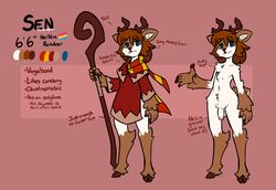 1boy 2020 anthro antlers balls blue_eyes brown_body brown_fur brown_hair capreoline cervid clothed clothing cloven_hooves english_text flaccid fur genitals hair hooves horn looking_at_viewer male male_only mammal mewgle model_sheet multicolored_body multicolored_fur nude penis pink_background poncho reindeer scarf sen_(mewgle) simple_background solo staff standing text two_tone_body two_tone_fur white_body white_fur