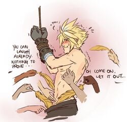 1boy 1male arms_bound arms_tied arms_up blonde_hair blonde_hair blush cloud cloud_strife detached_hands feathers final_fantasy final_fantasy_vii laugh male male_only nipples taunting tickle_fetish tickle_torture tickling wrist_cuffs wrists_bound