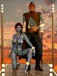 1boy1girl 1girls 3d ankle_cuffs auction blue_skin chiss concubine courtesan female harness large_breasts original_character red_eyes red_hair revealing_clothes slave slave_auction slave_collar slave_outfit star_wars sunset twilight_sky wrist_cuffs