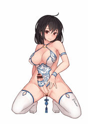 1futa anal_attached_clothing anal_ball_wear anally_anchored_clothing armlet bar_censor bare_shoulders black_hair bracelet breasts brown_eyes censored center_opening chinese_clothes covered_navel erection full_body futa_sans_balls futanari highres jewelry kneeling large_breasts long_hair nib_pen_(medium) o-ring original penis signature simple_background solo solo_futa stmaster tassel thighhighs traditional_media white_background