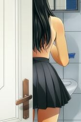 1girls back bare_shoulders bathroom black_hair black_skirt female from_behind long_hair matsunaga_kouyou no_bra open_door original pleated_skirt skirt solo standing tan tanline tile_wall tiles topless