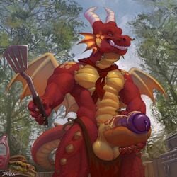 alvar bbq bun cooking cum danza girthy hotdog ketchup male male_only meat mustard ooze patreon pinup scaled scales solo spyro thick uncut